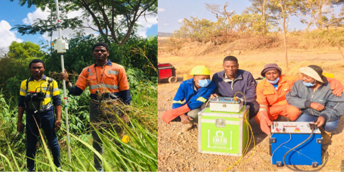 Frank Kalala and colleagues are recording magnetometric data on the ground, in 2020 (left), and resistivity values during an induced polarization campaign, in 2023 (right). Credits : Frank Kalala Kaniki