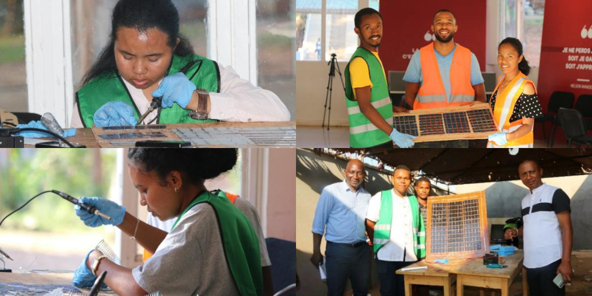 The students produced solar panels (left), which they proudly presented with their instructors (right)
