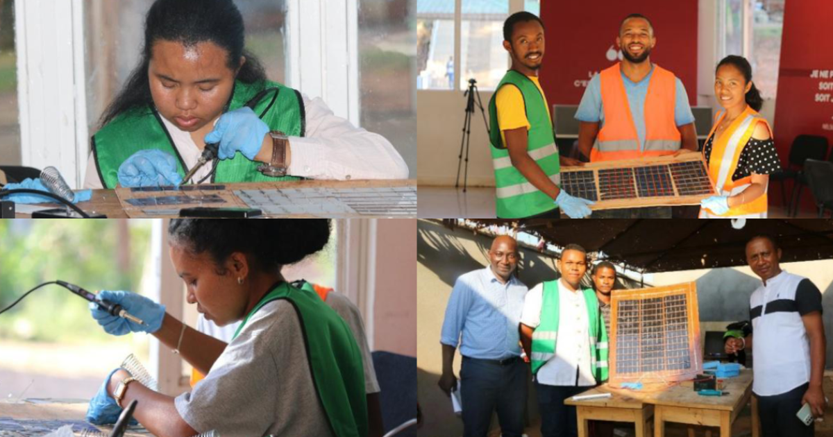 The students produced solar panels (left), which they proudly presented with their instructors (right)